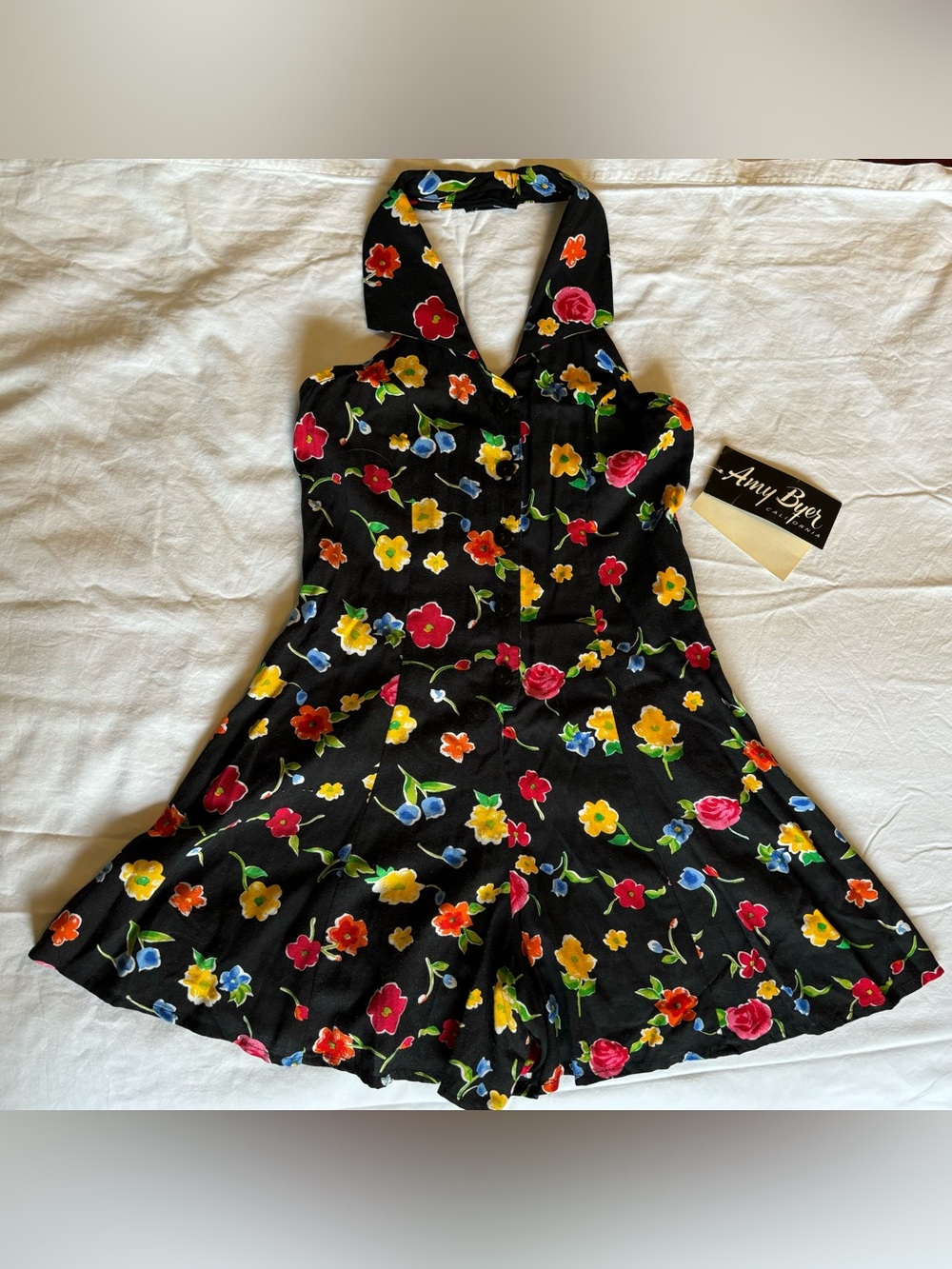 Vintage Amy Byer California Black Floral Halter Romper Size Medium